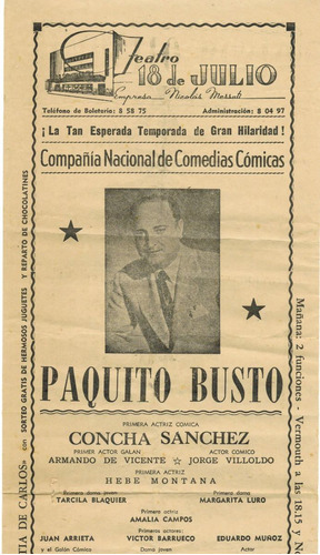 Teatro Comico 18 De Julio Programa Paquito Busto 1953 Raro