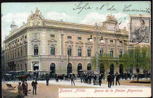 Postal. Buenos Aires Ca 1900. Banco De La Nación Y Tranvías.
