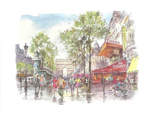 Ilustracion De Los Champs Elysees Paris - Lamina 45 X 30 Cm.