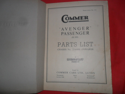 Commer Avenger Passenger 1949 Manual Despiece Antiguo
