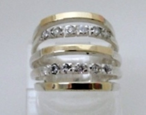 Anel Em Prata 925 E Ouro Com Pedras Zirconias - A1008