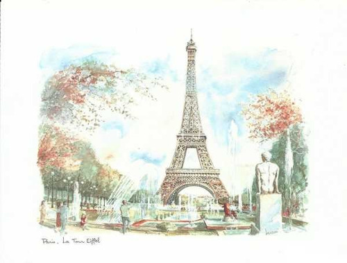 Ilustracion De La Torre Eiffel Paris - Lamina 45 X 30 Cm.