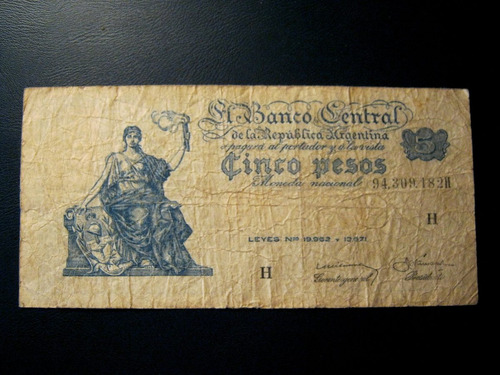 Bcra 5 $ M/nacional Efigie Del Progreso Serie H Botero 1876a
