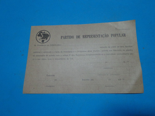 3 Fichas Inscrição Partido Representação Popular 1945 - 1965