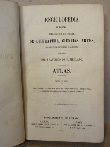 Mellado, F. De P. Enciclopedia Moderna. Atlas. Tomo 1º. 1855