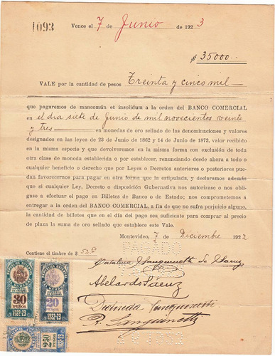 1922 Vale Pesos Con 3 Timbres Uruguay Orden Banco Comercial 