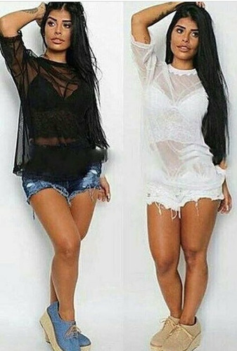 Kit  Blusa  Transparente   Tule  Mais O Top  De   Renda