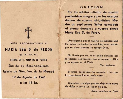 Misa Recordatoria Eva Perón Estampa 1961