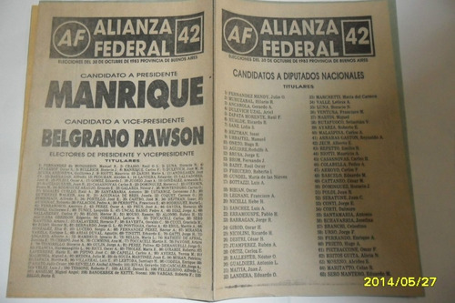 Boleta Electoral 1983 Manrique Presidente Alianza Federal