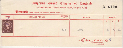 1955 Masoneria Recibo Supreme Grand Chapter England Timbre