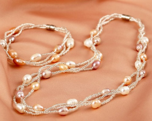 Conjunto Colar Pulseira E Brincos Pérolas Verdadeiras
