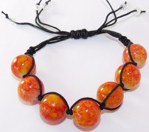 Pulseira Cordão Preto Com Regulagem - Com Pedras Laranjas