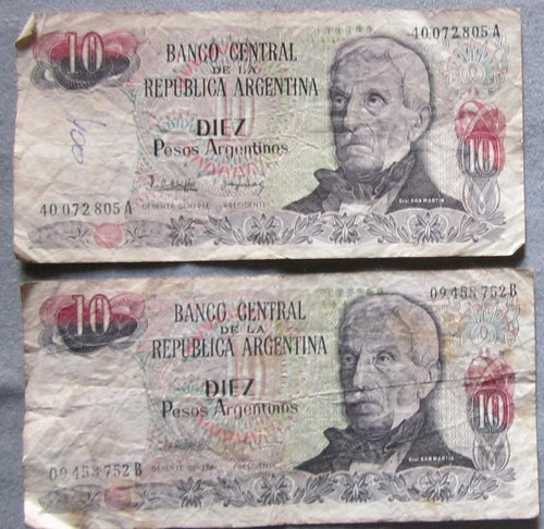 2 Billetes Argentina Antiguos 10 Pesos