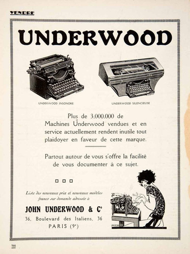 Lienzo Canvas Anuncio Máquina Escribir Underwood 1924 70x50