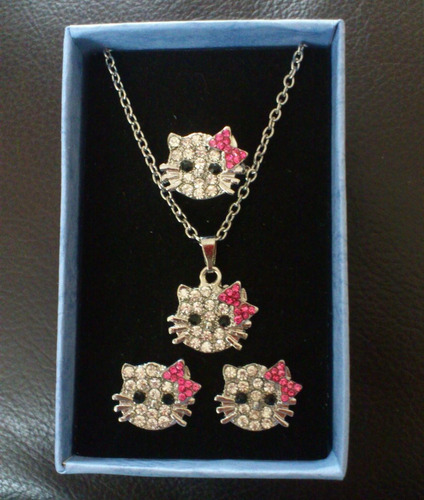 Set Juego Hello Kitty Full Brillos Collar + Aretes + Anillo