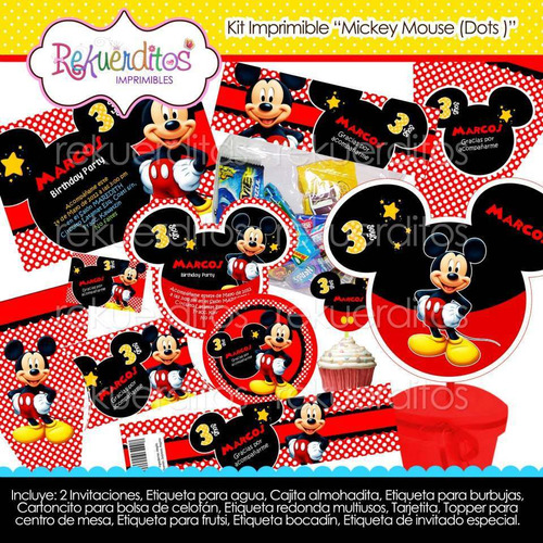 Kit Imprimible 3 Mickey Mouse Dots Cumpleaños Invitaciones