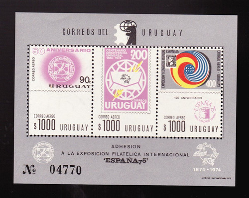 Filatelia Uruguay Hojita Bloque 3 Sellos 1975
