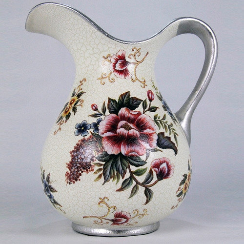 Imagem 4 de 6 de Jarra / Vaso Com Alça Em Cerâmica Florida Craquelada - Bu020