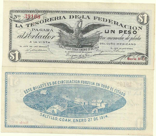 Billete Mejico Tesoreria Federacion Saltillo Año 1914 1 Peso