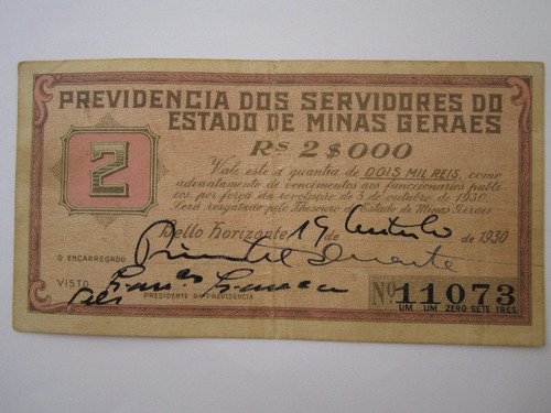 Cédula Revolução De Minas Gerais Vale 2 Mil Réis 1930