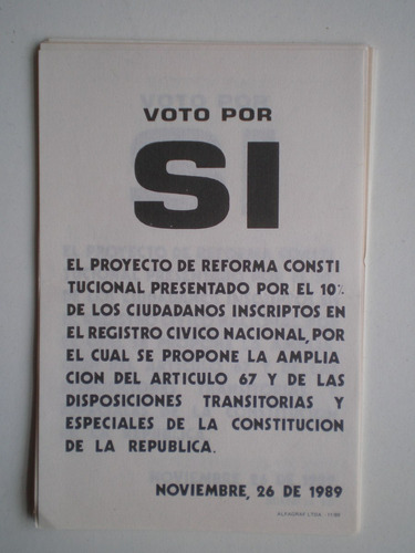 Elecciones 1989 Lista Boleta Plebiscito Reforma Jubilatoria