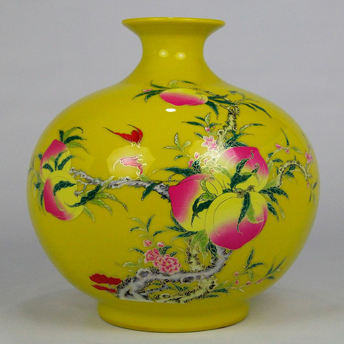 Imagem 5 de 7 de Vaso Chinês Floral Com Escritas Amarelo Gargalo Curto Bu198