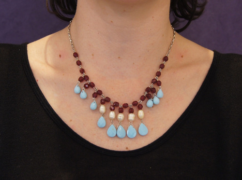 Colar Prateado,cristais Bordo,turquesa, Perola 4468 C G