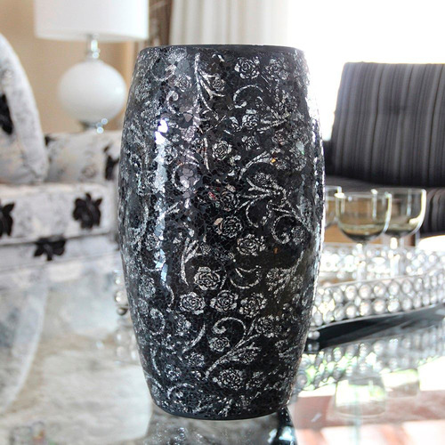 Vaso Mosaico De Vidro Com Floral Prata 40cm - Bu039