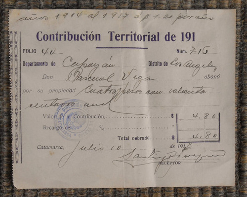 Catamarca,año1914-1918. Contribución Territorial. Impuesto