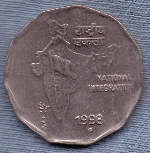 India 2 Rupees 1998 * Integracion Nacional * Mapa *