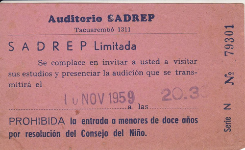  1959 Ephemera Auditorio Sadrep Radio Espectaculo Montevideo