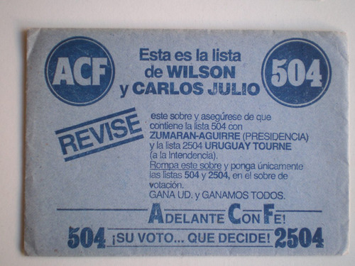 Elecciones 1984 Partido Nacional Lista 504 904 Zumarán C/u