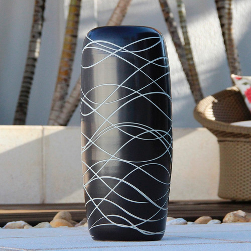 Imagem 2 de 5 de Vaso Cerâmica Rústico Com Detalhes Fios Brancos - Bu197