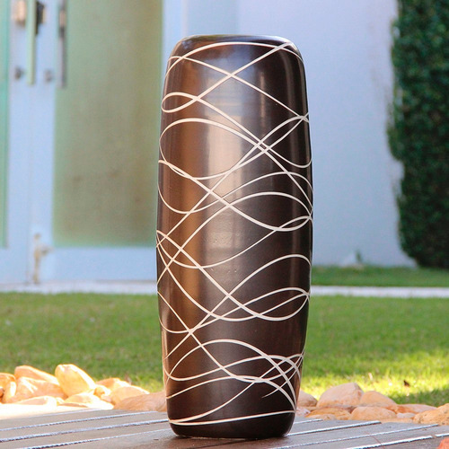 Imagem 3 de 5 de Vaso Cerâmica Rústico Com Detalhes Fios Brancos - Bu197
