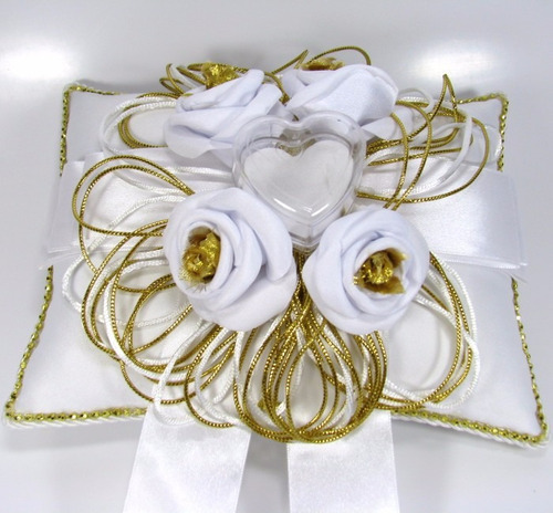 Almofada Porta Aliança Para Casamento - Dourado Com Branco