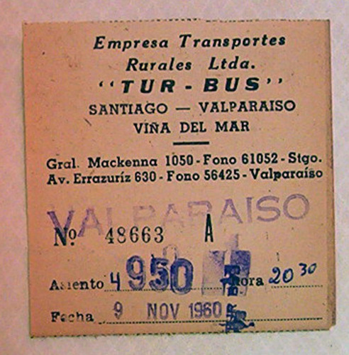 Boleto Tur Bus Empresa Transportes Rurales Stgo Valpo 1960