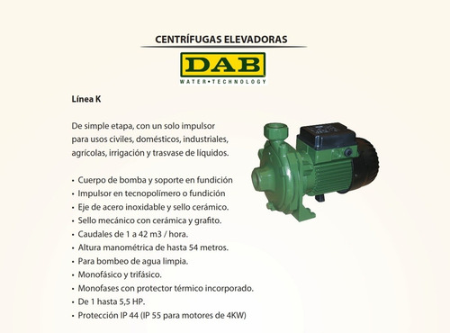 Bomba Centrifuga Elevadora Dab K 20/41 M Eleva 22 Mts Altura