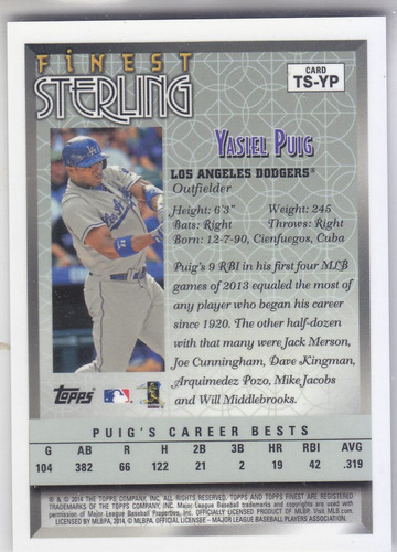 2014 Topps Finest Sterling Refractor Yasiel Puig Of Dodgers