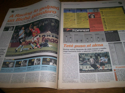 Diario Ole 22/11/1997- Racing 1 Argentino Jrs 2 / Foreman