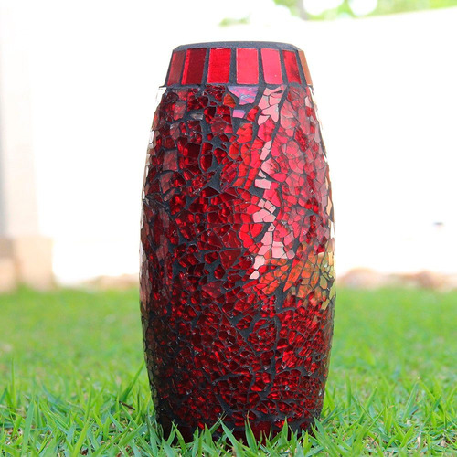 Imagem 2 de 5 de Vaso Em Mosaico De Vidro Vermelho Estilo Craquelado - Bu052