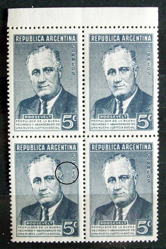 Argentina Bloque X 4 Gj 927 Roosevelt Corte Fondo Mint L3798