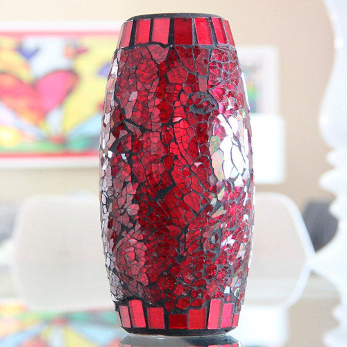Imagem 3 de 5 de Vaso Em Mosaico De Vidro Vermelho Estilo Craquelado - Bu052