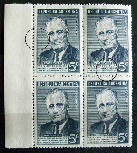 Argentina - Bloque X 4 Gj 927 Roosevelt 2 Errores Mint L3799