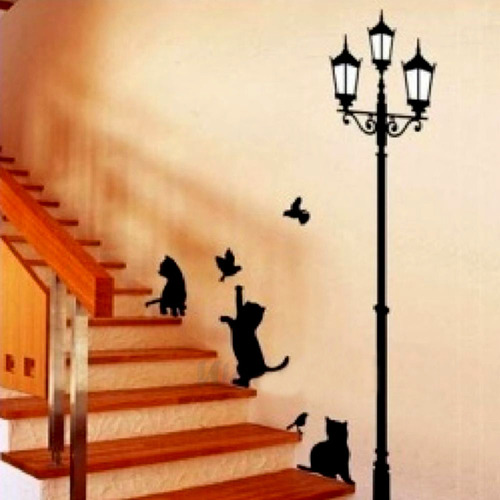 Vinilo Pared Farol Con Gatos 2 Decoración Wall Stickers