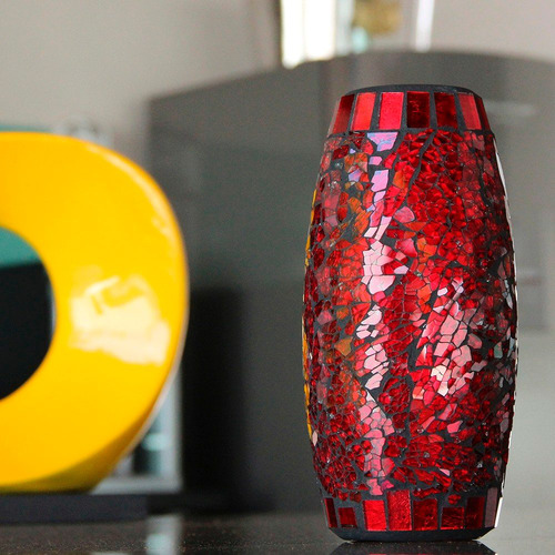 Imagem 5 de 5 de Vaso Em Mosaico De Vidro Vermelho Estilo Craquelado - Bu052