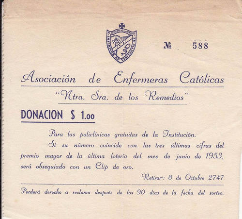 1953 Antiguo Bono Sorteo Asociacion Enfermeras Catolicas