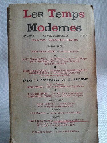 Imagen 1 de 4 de Les Temps Modernes Nº 149 1958 14º Anne J. P. Sartre Frances