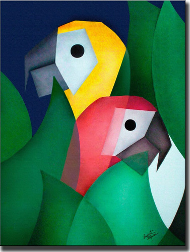 Quadro Decorativo Gravura Tela Painel Cubismo Araras 2 80x60