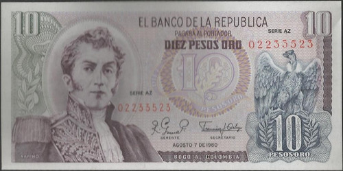 Colombia 10 Pesos 7 Ago 1980 Serie Az Bgw209