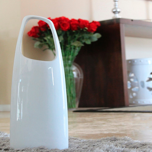 Imagem 5 de 6 de Vaso Em Cerâmica Com Alça Estilo Bolsa Grande Branco - Bu092